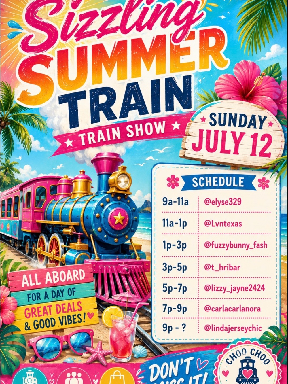 Sizzling Summer Train Poster - Bright Blue & Pink Locomotive